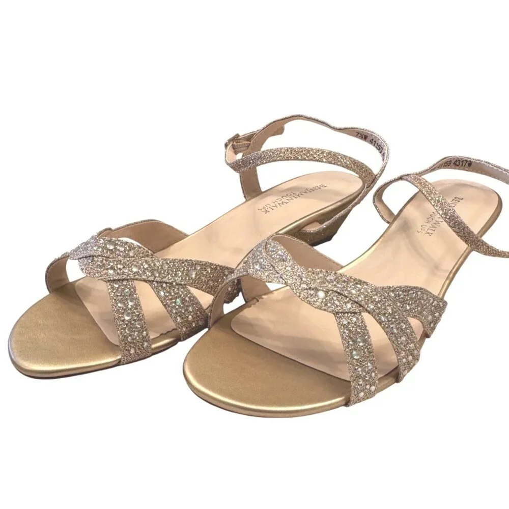 Benjamin Walk Lena Champagne Shimmer 7 1/2 Wide With Stones Low Wedge NWOB